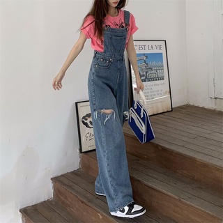 💥Jumsuit Jeans กางเกงยีนส์สายเอี๊ยมขายาวขัดขาดเอวสูง ขากระบอกใหญ่ วินเทจ เอี๊ยม เอี๊ยมเท่ๆ แต่งกระเป๋าหน้า