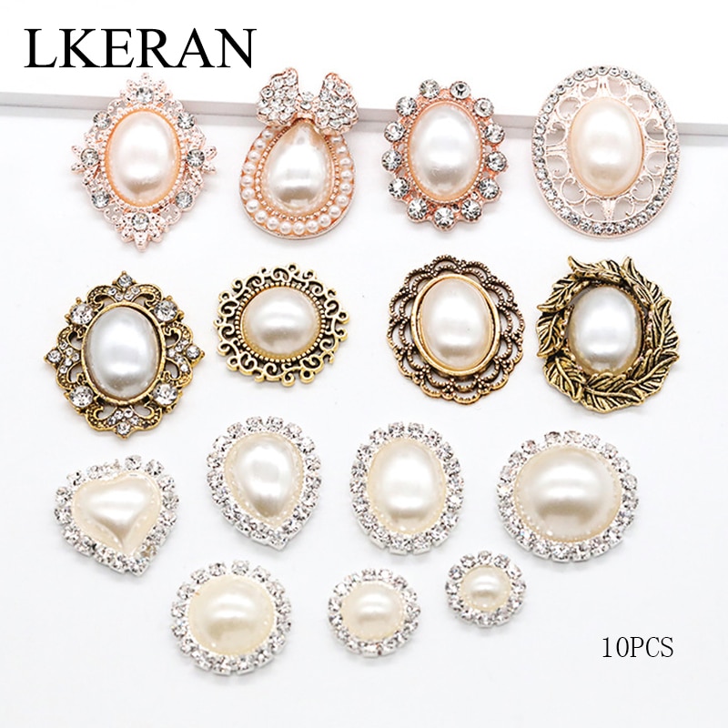 Lkeran กระดุมโลหะ ประดับไข่มุก คริสตัล ด้านหลังแบน แฮนด์เมด DIY สําหรับตกแต่ง 10 ชิ้น