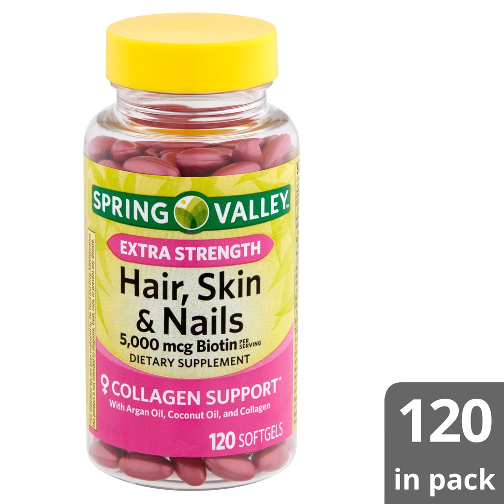 💅💁‍♀️👳‍♀️ บำรุงผิว เล็บ ผม Spring Valley Extra Strength Hair Skin &amp; Nails Collagen Support Softgels, 5000 mcg Biotin 120