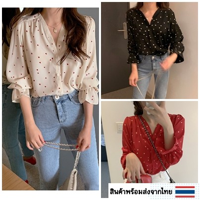 เสื้อเชิ้ตสไตล์เกาหลี แขนยาวคอวี [E16]