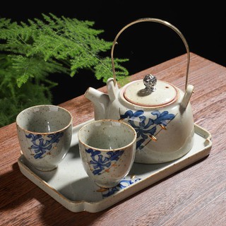 ™ 1 Tea set japanese style 1 กาน้ำชาหินโบราณสไตล์ญี่ปุ่นหม้อแบบพกพากังฟูชุดน้ำชาเซรามิกเดินทางชุดน้ำชาสีฟ้าและสีขาวกาน้ำ