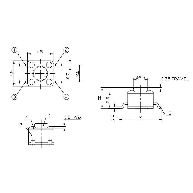 สวิทช์ ปุ่มกด SMD Push Button Switch ไมโครสวิทช์ TACT Switch กดติด-ปล่อยดับ #S4P 4.5x4.5xHmm (1 ตัว) - รูปที่ 2