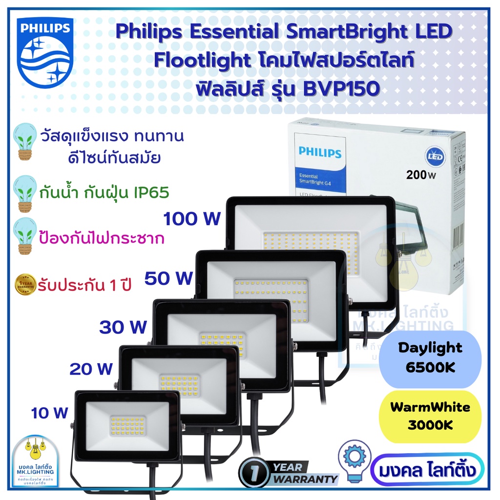 Philips โคมไฟฟลัดไลท์ สปอร์ตไลท์ ฟิลลิปส์  รุ่น BVP150 มีให้เลือก 7 ขนาด 10W 20W 30W 50W 100W 150W 2