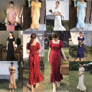 ❤️ TW11057 Maxi Dress แม็กซี่เดรสคอเหลี่ยม แขนสั้น ผ้าสีพื้น งานผ้าซาร่า ชายเดรสแต่งระบาย ข้างเอวมีสายผูกโบว์ซ่อน