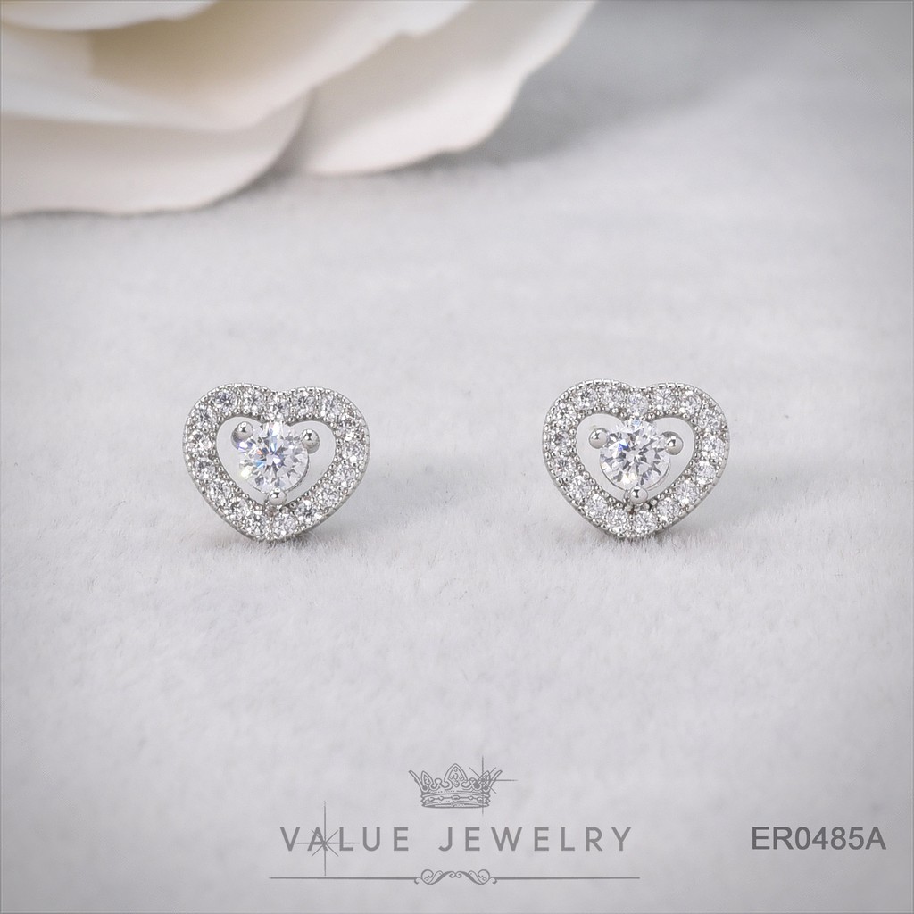 ต่างหู แบบแป้น ฝังคริสตัล ลายหัวใจ Heart ล้อมเพชรละเอียด ขนาดเล็ก สวยหวาน ตุ้มหู เครื่องประดับ ER0485 ValueJewelry