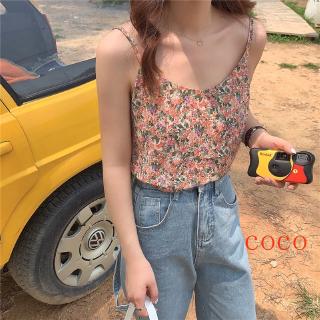 COCO เสื้อสายเดี่ยวลายดอกไม้  ผ้าชีฟอง สไตล์เกาหลี