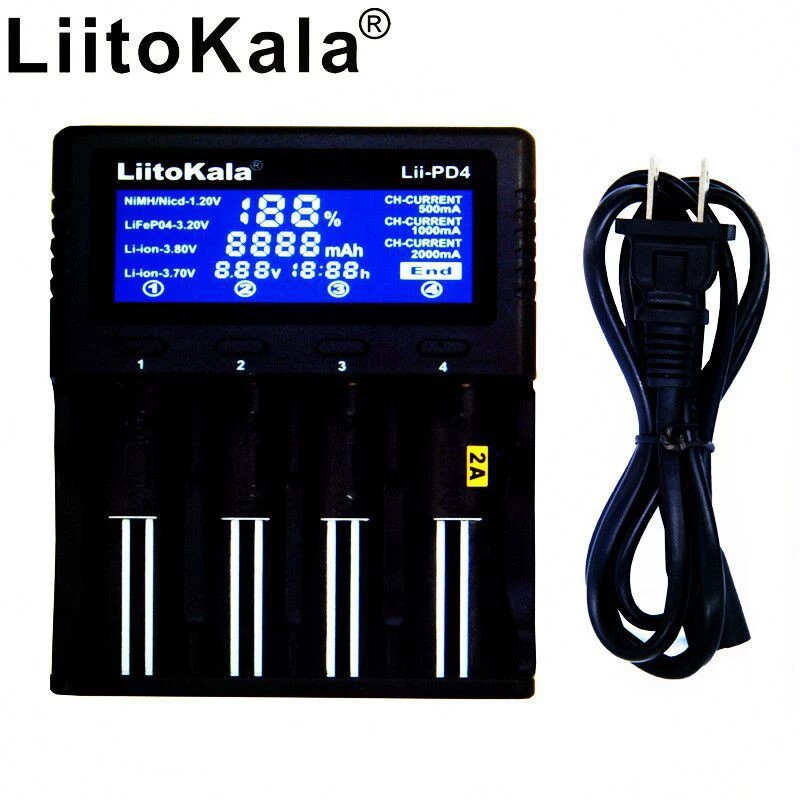 เครื่องชาร์จถ่าน LiitoKala Lii-PD4 1.2 มีสายพาวเวอร์พร้อม ชาร์จได้ 4 ก้อน รองรับ 26650,21700,20700, 18650, 18490, 18350