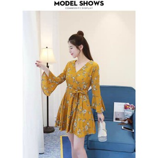 🌸Mustard Flower Dress เดรสสั้น ลายดอก แขนยาวระบาย เจ้าหญิง สีเหลือง มัสตาร์ด ผูกเอว เดรสไปคาเฟ่