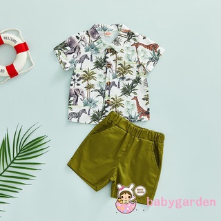 Babygarden-3-24 เดือน ชุดเสื้อเชิ้ตแขนสั้น คอปก พิมพ์ลายต้นไม้ และกางเกงขาสั้น สีพื้น สําหรับเด็กผู้ชาย