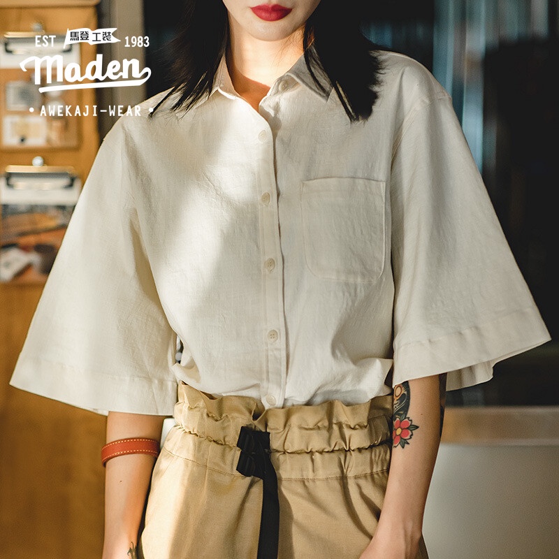 Maden เสื้อเชิ้ตแขนบานลําลอง ผ้าฝ้าย และผ้าลินิน ทรงหลวม ขนาดเล็ก สไตล์ญี่ปุ่น เรโทร สําหรับผู้หญิง