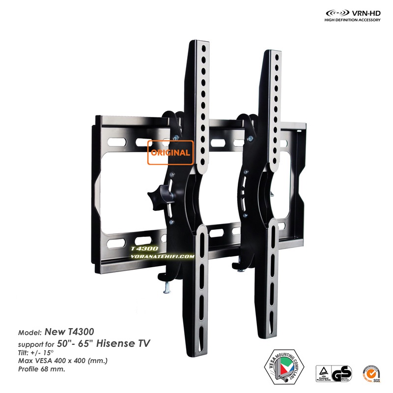 New! T4300 (เหล็กหนา) ขาแขวนทีวี สำหรับ Hisense TV ขนาด 50-65 นิ้ว ปรับก้ม-เงยได้, Max VESA 400x400 mm.