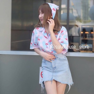เชิ้ตลายฟามิงโก้สีสวยน่ารักฝุดๆ+แถมผ้าผูกผม💖💕