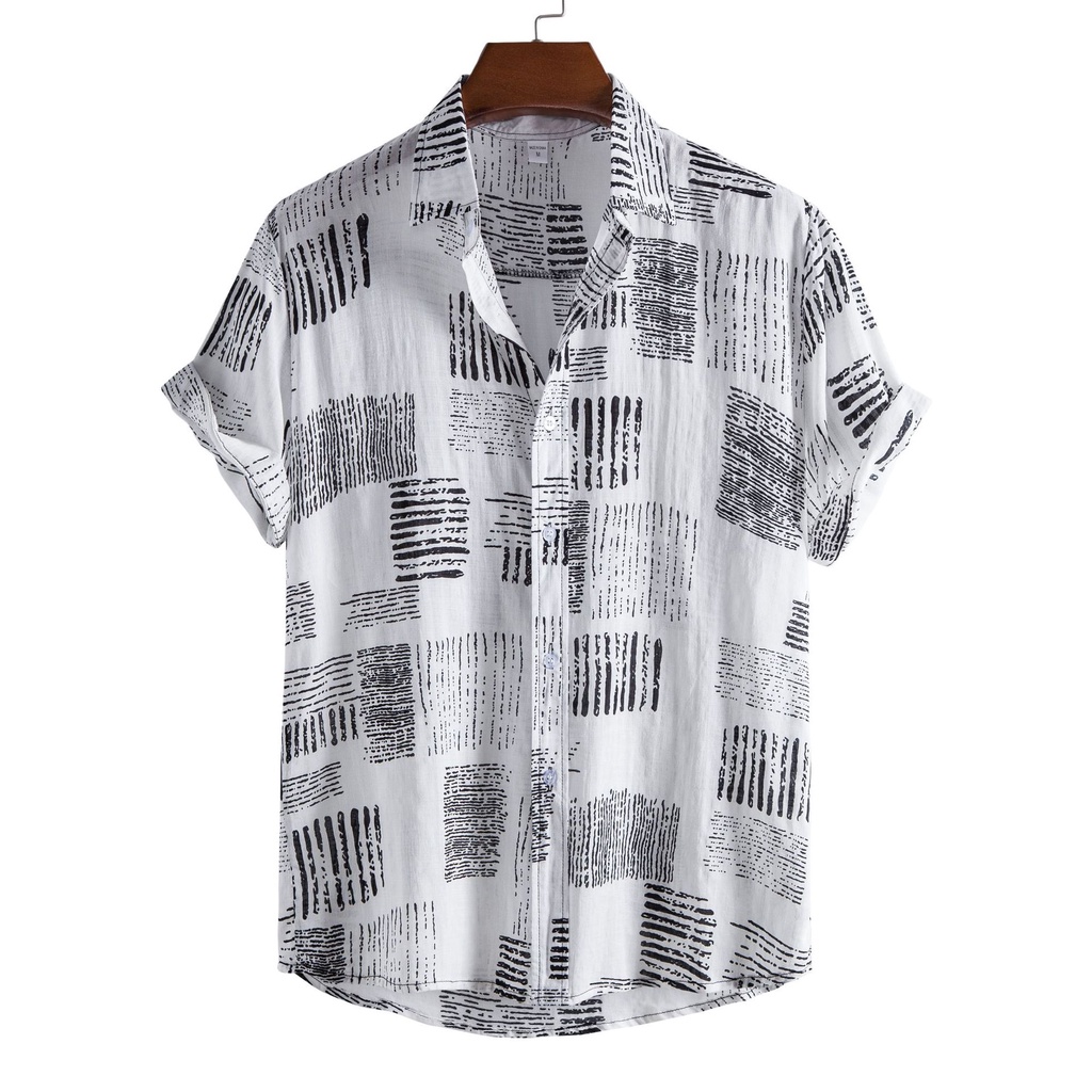 เสื้อเชิ้ตแขนสั้นลําลอง คอปก พิมพ์ลายกราฟฟิค ทรงหลวม มีกระดุม พลัสไซซ์ สีดํา และสีขาว สําหรับผู้ชาย