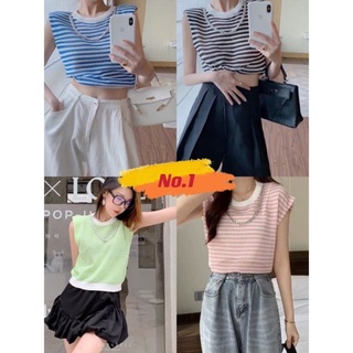 No.1🍒พร้อมส่ง🍒เสื้อกล้ามคอกลมแขนกุด ไหมพรมลายทาง(42012)