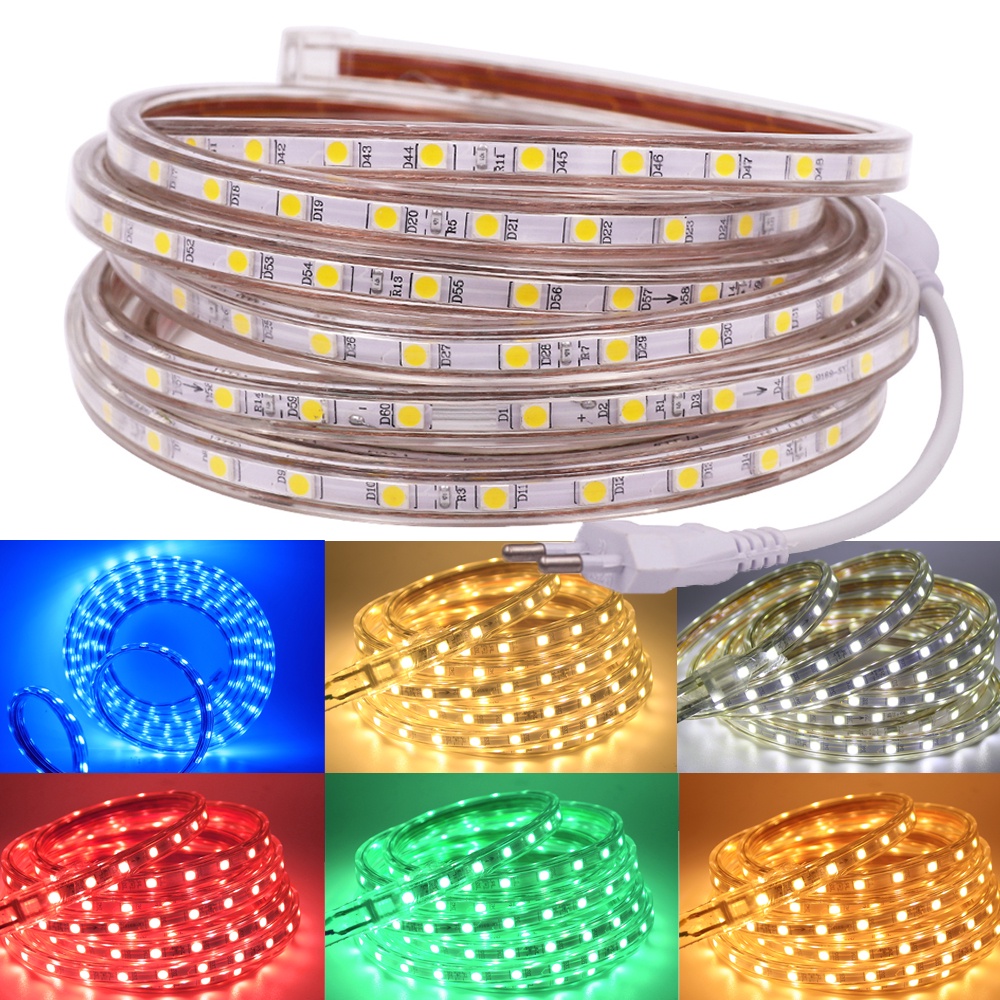 สายไฟ LED 5050 220V 60 ดวง ยืดหยุ่น กันน้ํา พร้อมสวิตช์ EU ปลั๊ก สําหรับตกแต่งบ้าน