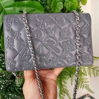 Authentic​  Chanel Icon Line Chain Wallet​  Grey  Lambskin