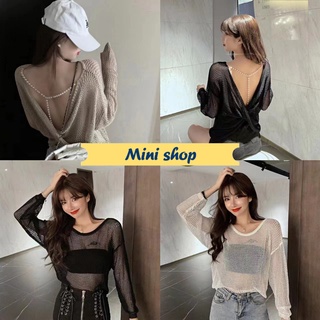 Mini shop🌸พร้อมส่ง🌸(E241) เสื้อถักไหมพรม แขนยาว ดีเทลเว้าหลัง แถวสายข้างหลังเก๋ -C