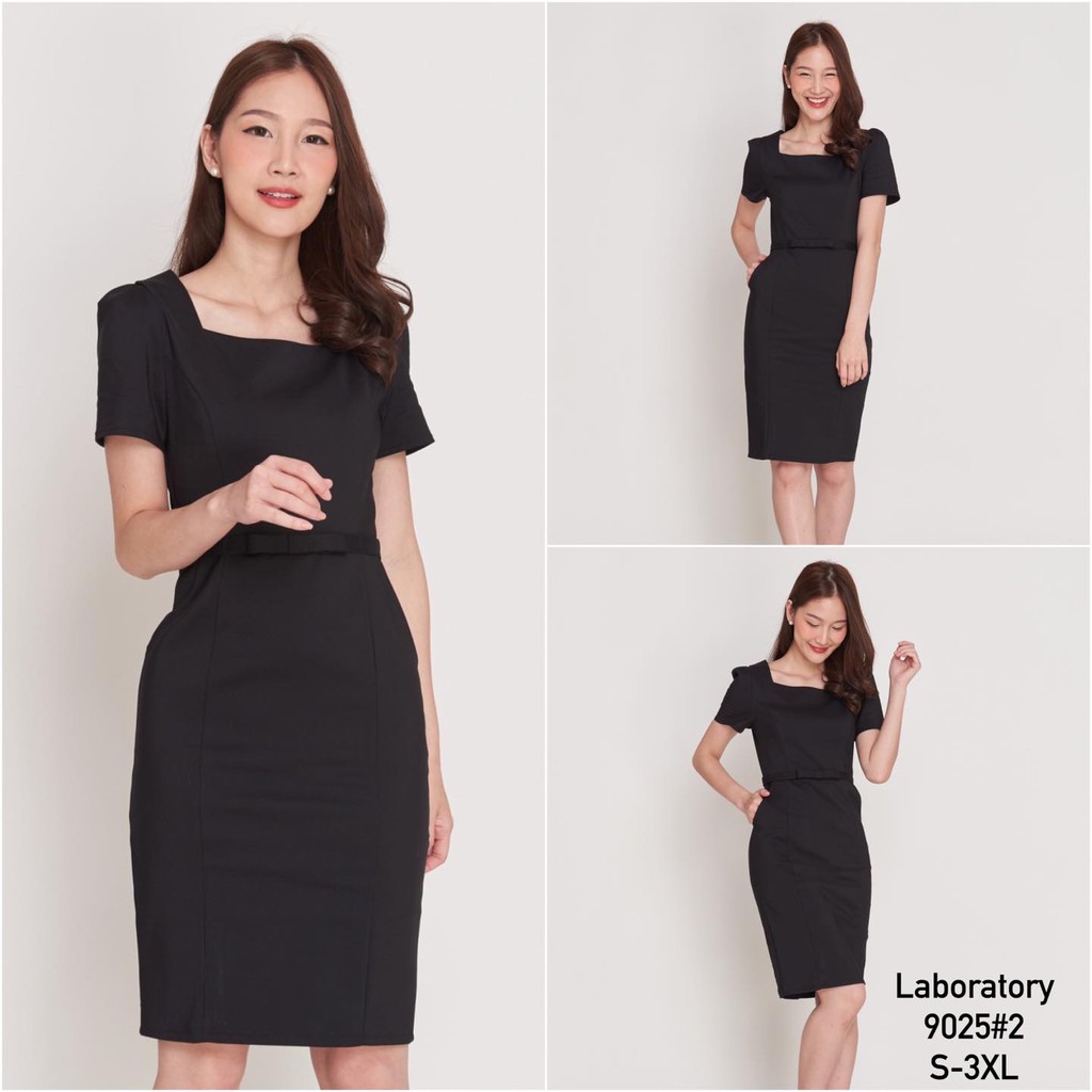 Laboratory 9025 ชุดทำงาน เดรสคอเหลี่ยมแต่งโบว์ที่เอว