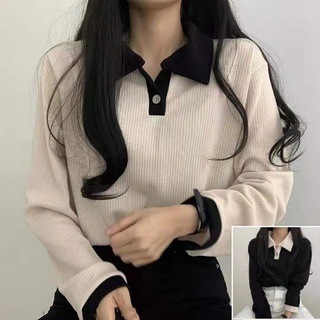 Women tops Korean new long sleeve New loose polo shirt stripe