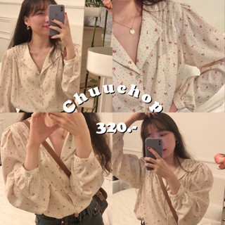 พร้อมส่ง(C1373)🌸Joseph korean shirt เสื้อเชิตคอวี แต่งลายดอกไม้เล็กๆ สีเบจ