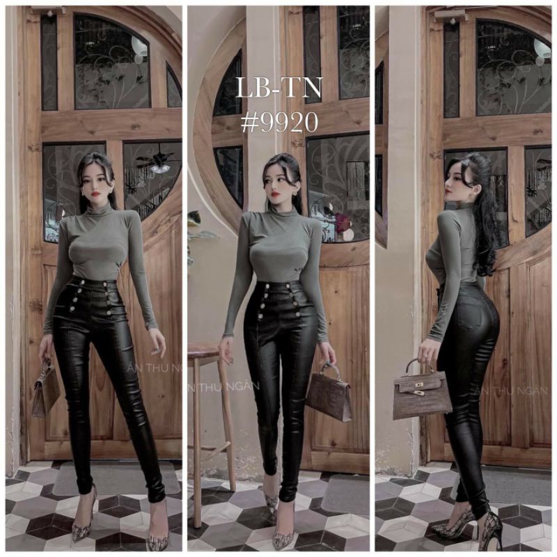 9920. กางเกงหนังขายาว ทรงเข้ารูป กระดุม