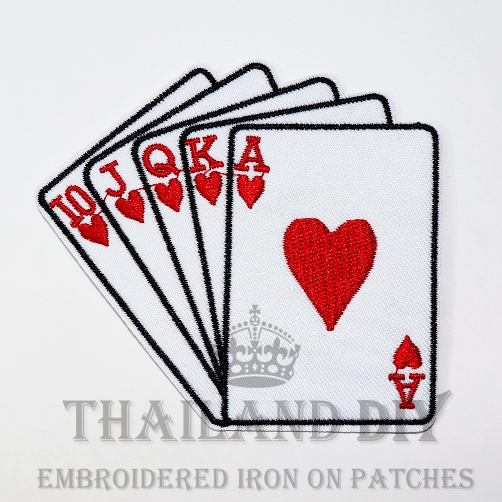 ตัวรีดติดเสื้อ ลายไพ่ หน้าไพ่ สัญลักษณ์ คาสิโน Royal straight flush Poker card Patch งานปัก WOP DIY 