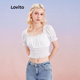 Lovito เสื้อเบลาส์แขนพอง ผ้าโปรง ขอบหยัก สีพื้น L30AD072 (สีขาว)