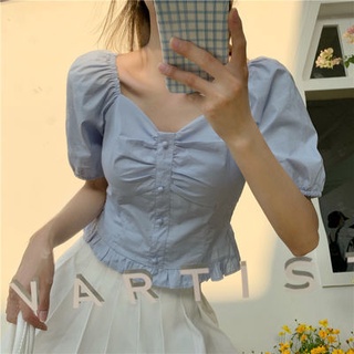 🔥Hot Sale/🌻💞 Design sense niche French retro square collar Hyuna short sleeve puff sleeve girl blue half sleeve top