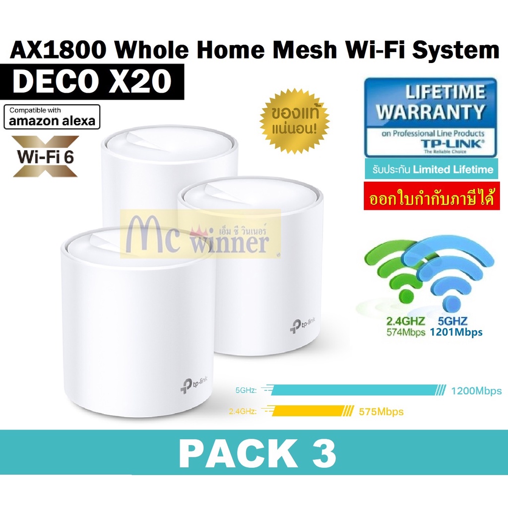 MESH WI-FI (เครือข่ายไวไฟ) TP-LINK (DECO X20) (PACK 3) AX1800 Whole Home Mesh Wi-Fi System -Lfetime*ของแท้ ประกันศูนย์*