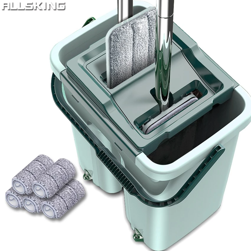 Allsking ถังรีดน้ำ ชุดถังรีดน้ำ+ไม้ถูพื้น ไม้ถูแบบรีดน้ำ ไม้ถูพื้นพร้อมผ้าม๊อบ ถังถูพื้นรีดน้ำ Flat Mop ม็อบถูพื้น