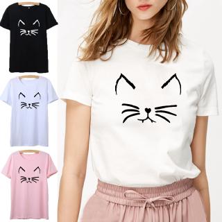 Cartoon Cat Shirt Women Short Sleeve O-neck Cotton Tshirts for Woman Black White T Shirt Women Tee Shirt Femme Top -