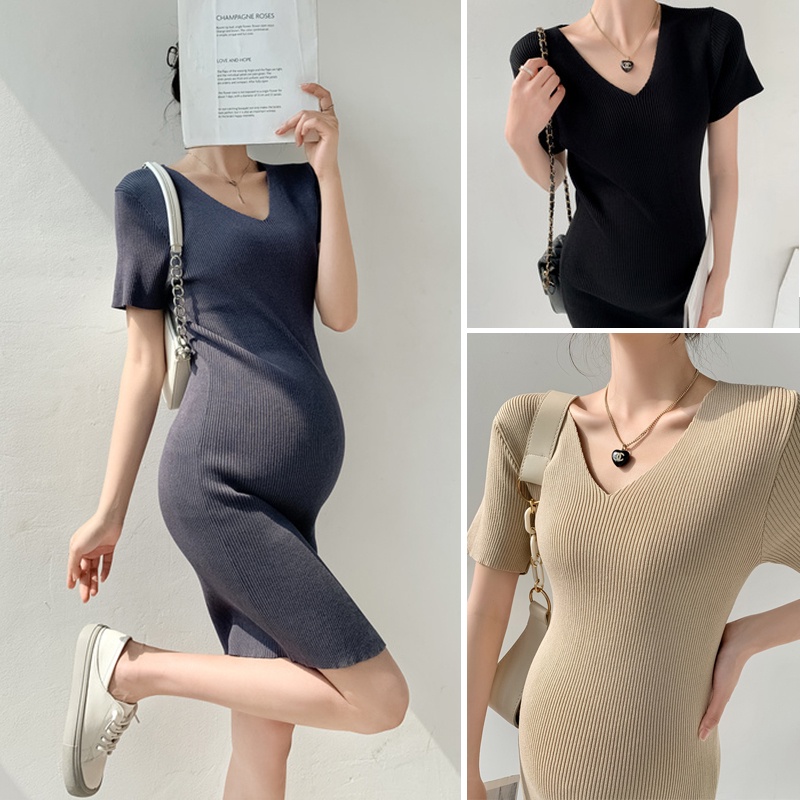แฟชั่น Hot Mom รัดรูปยืดเสื้อถักคลอดบุตรเวอร์ชั่นเกาหลีชุดคลุมท้องชุดเดรสครึ่งแขน S