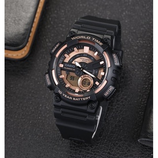 นาฬิกา Casio รุ่น AEQ-110W-1A3 นาฬิกาผู้ชายสายแสตนเลส หน้าปัดดำ/พิงค์โกลด์ ของแท้ 100% รับประกันสินค้า 1 ปี