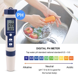 PCF* 5 In 1 PH/TDS/EC/Salinity/Temperature Tester Pen Waterproof Multi-Function Meter Digital Water Tester No Backlight