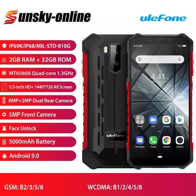 Ulefone Armor X3 สมาร์ทโฟนที่ทนทาน Android 9.0 5.5 นิ้ว Quad Core IP68 กันน้ำ 5000mAh 2G + 32G โทรศัพท์มือถือ