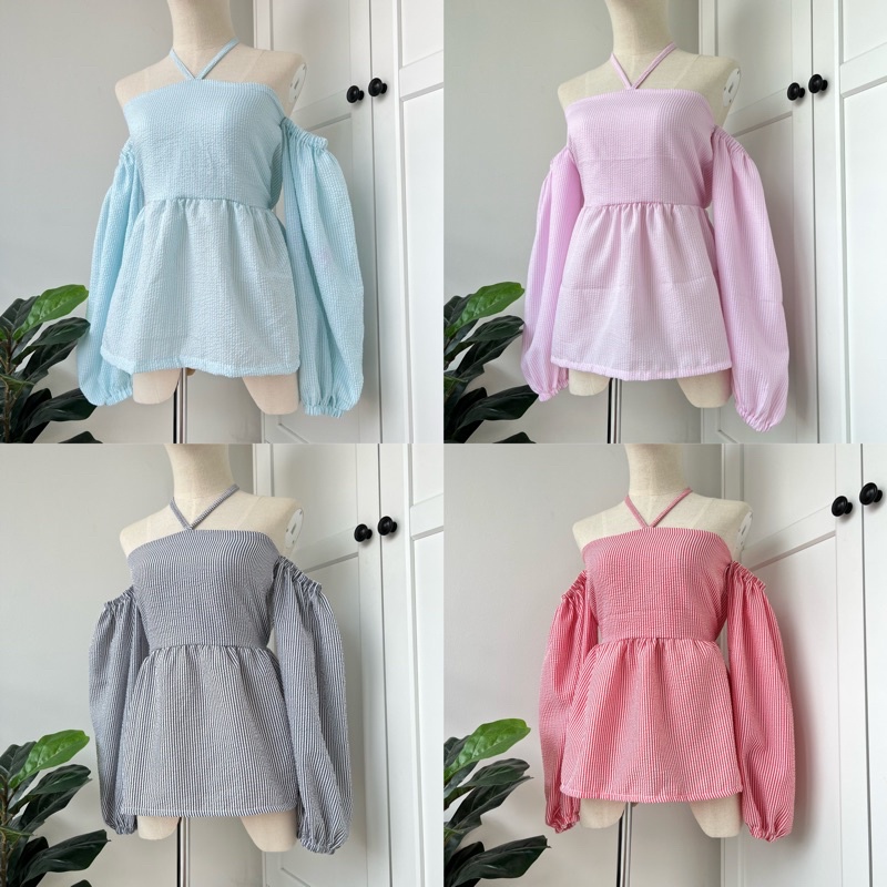 Jilalin.bkk-JL128 POCKY TOP เสื้อผูกคอปาดไหล่ ผ้าริ้ว