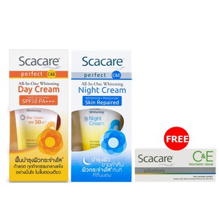 Scacare สกาแคร์ เพอร์เฟ็คท์ ออล-อิน-วัน ไวท์เทนนิ่ง เดย์ครีม &amp; ไนท์ครีม 30 กรัม แถมฟรีสกาแคร์ C&amp;E ทรีทเม้นท์ครีม 7 กรัม