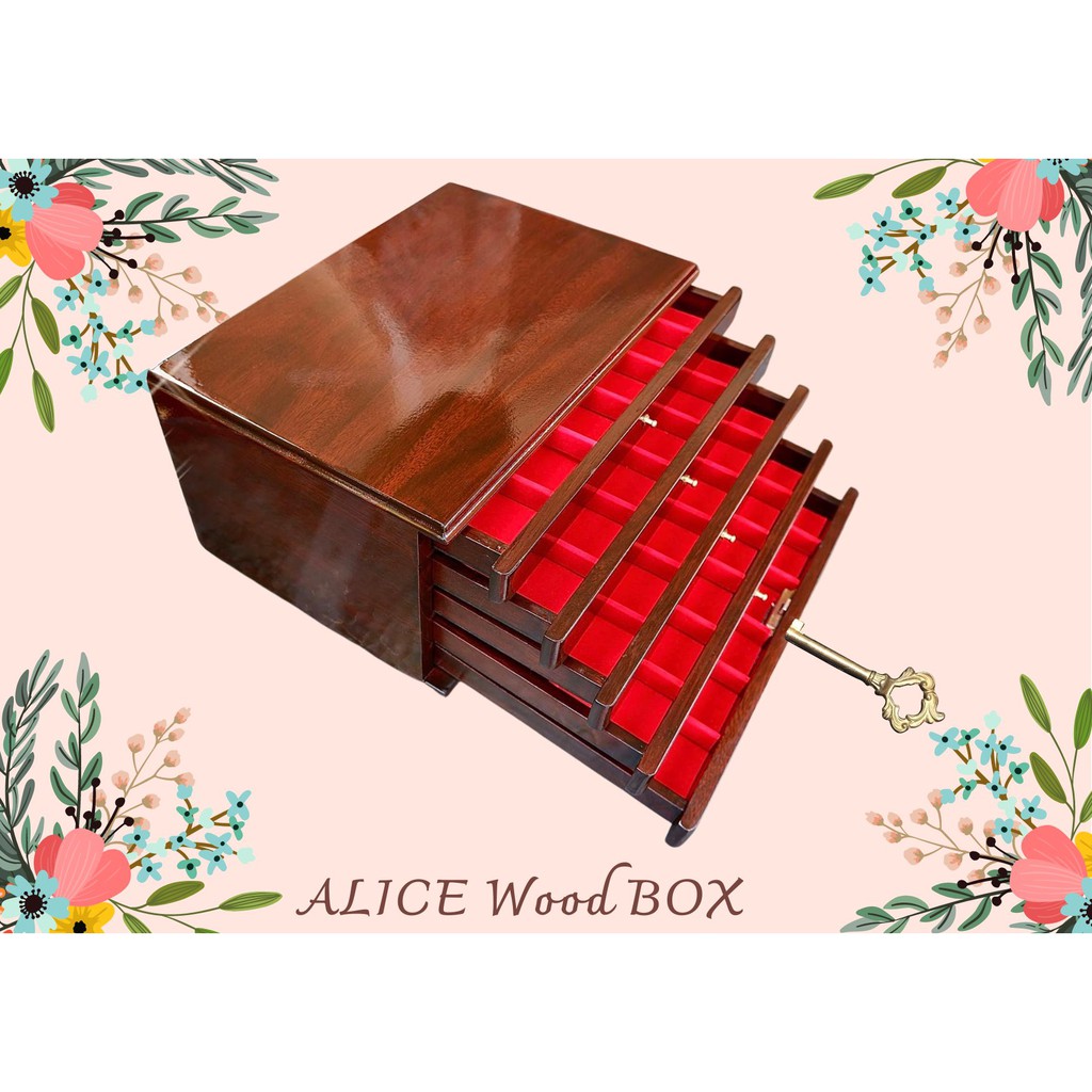 กล่องใส่พระ กล่องไม้แท้ 100% ล็อคกุญแจได้ทุกชั้น กล่องลิ้นชัก กล่องใส่ของ ของสะสม เครื่องประดับ น้ำตาลล็อคฝาทึบ