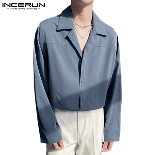 Incerun เสื้อเชิ้ตแขนยาว คอปก สไตล์เกาหลี มี 4 สี แฟชั่นสําหรับผู้ชาย