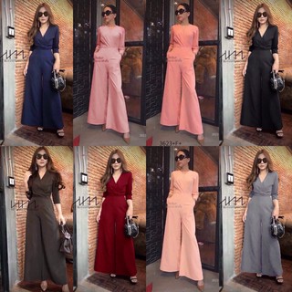 SS3623 Jumpsuit จั๊มสูทขายาว แขนศอก คอวีไขว้ขายาว