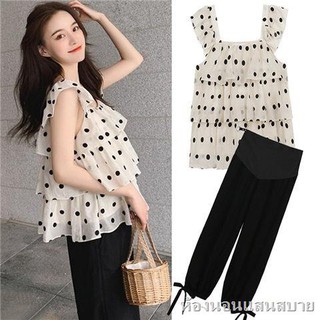 ✟✸✥ชุดคลุมท้องชุดฤดูร้อนออกงานแฟชั่นแม่ร้อน 2020 net red ocean wave dot maternity summer two-piece suit1
