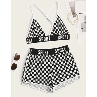 sport set ชุดเซ็ต 2 ชิ้น ลายหมากรุก ทรงสปอร์ต พร้อมส่ง