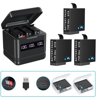 GoPro Hero 8/7/6/5 Battery, USB และ Type-C Fast Charger,พร้อมฟังก์ชั่นเครื่องอ่านการ์ด SD ความเร็วสูง,สำหรับ GoPro Hero