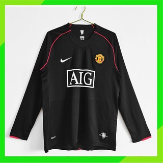 เสื้อกีฬาแขนยาว ลายทีมชาติฟุตบอล Man Utd Away 07-08 ชุดเยือน สีดํา สไตล์เรโทร