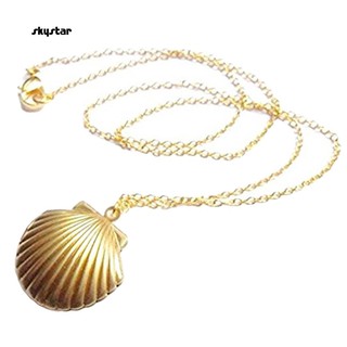 SKYSTAR_Women Fashion Golden Tone Alloy Seashell Locket Pendant Long Chain Necklace