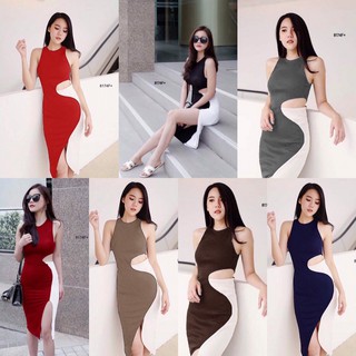 J8174 Dress เดรสทูโทนเว้าเอว Two-tone dress, cut out the waist.