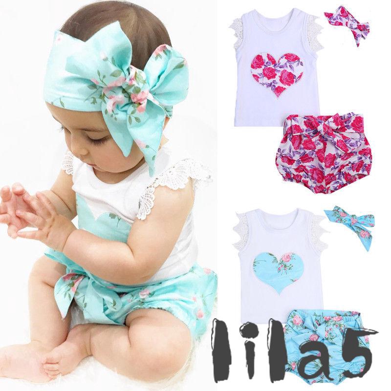 Toddler Kids Baby Girl Outfits Clothes Vest T-shirt Tops+Pants+Headband 3PCS Set