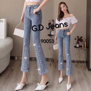 G.D.Jeans รุ่น 90053#กางเกงยีนส์ขายาวผ้ายืดทรงขาม้าเล่นดีเทลตะเข็บหน้าตอกเพชรแบบแฟชั่น