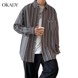 OKADY เสื้อเชิ้ตชายแขนยาวลายทางหลวมและสบาย ๆใส่สบาย ระบายอากาศดี