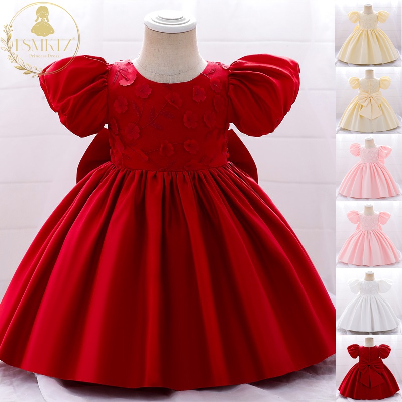 Fsmktz เสื้อผ้าเด็กผู้หญิงโบว์สีแดงฤดูร้อนชุดเด็ก Ball Gown Baptism 1 ปี L2080XZ